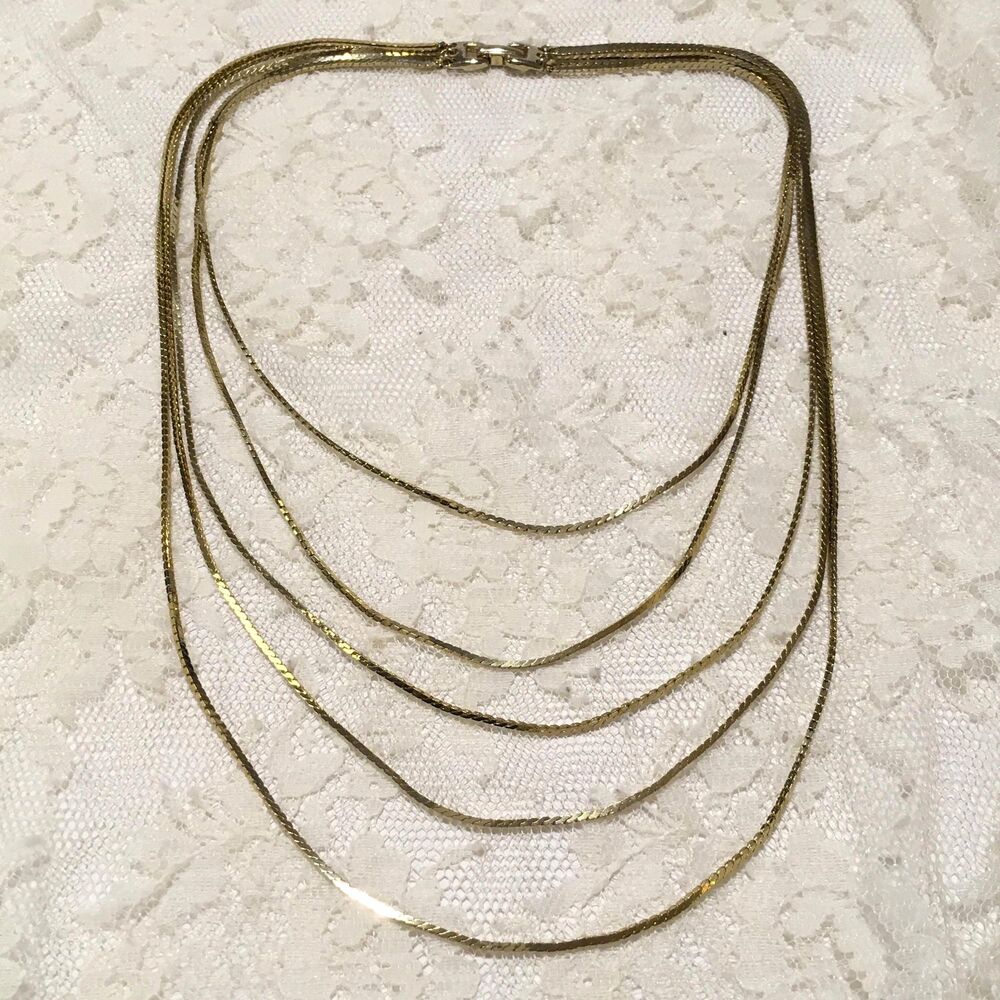 Vintage Multi-Chain Layer Necklace Gold Clasp 5 Strands Minimalist Everyday